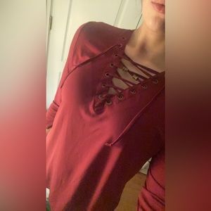 FADED GLORY burgundy/maroon lace up blouse with gold accents